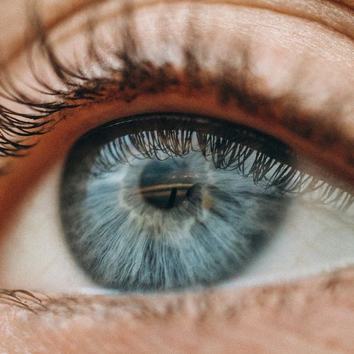 Detailed view of human eye reflecting blue lights
